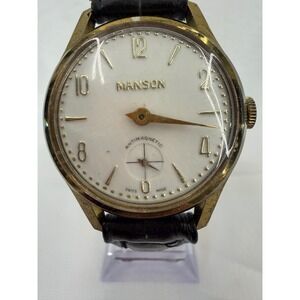 Vintage Manson Swiss Made Watch Gold Tone Manual Wind Sub Second Black Leather
